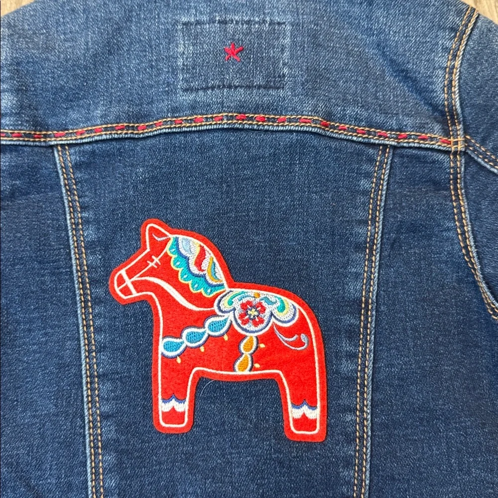 Urban Charlee Girls‎ Denim Jacket w/Red Velour Ruffle Hem & Horse Embroidery